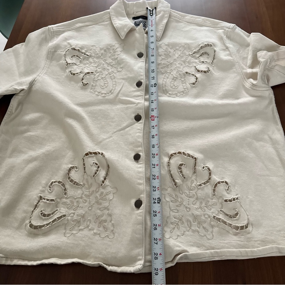 Reclaimed Vintage Cream Denim Short Sleeve Button-Up Shirt with Embroidery - Picture 13 of 15